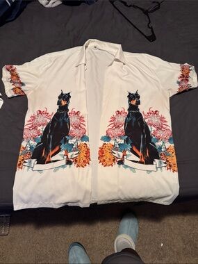 Men's White Short-Sleeve Button Down Shirt with Black Dog Graphic